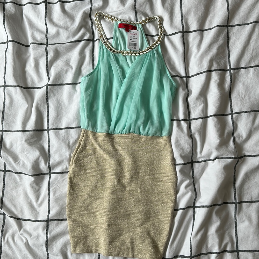 Agaci teal and gold dress NWT